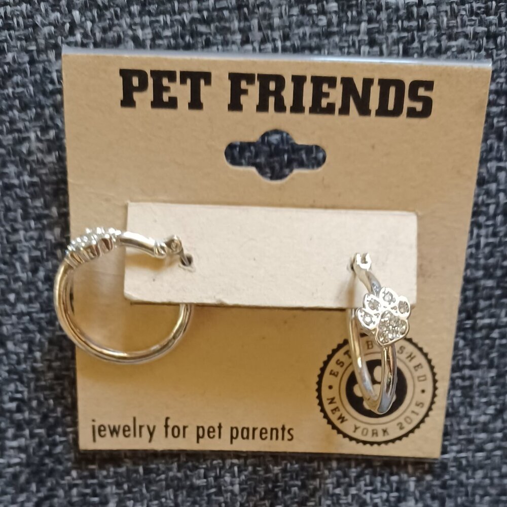 Pet Friends Dog Paw Print Silver Tone Faux Diamond Hoop Earrings New on card